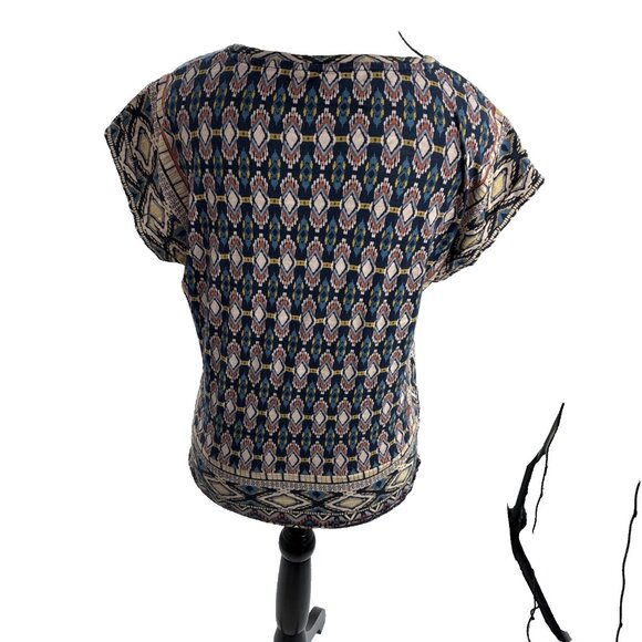 Lucky Brand Top Womens S Boho Geometric Print Short Sleeve Knot Hem Blouse - Picture 4 of 6